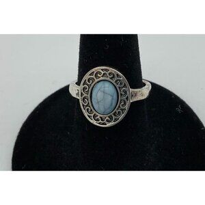 Silver Tone Oval Blue Veined Stone Solitaire Filigree Frame Ring 6.5